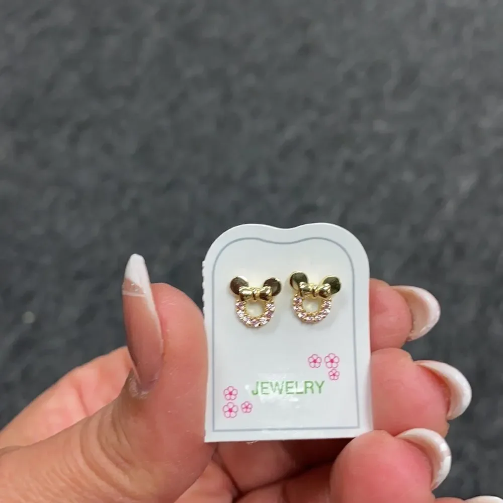 New Kids Girls Earrings gold plated CZ Pink Mouse.